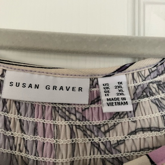 Susan Graver 1X Liquid Knit Purple Leaf Print Smocked Neck Top - Picture 3 of 6